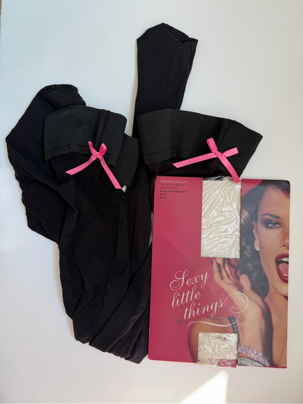Vintage Victoria Secret, Black Sheer Thigh-High Stockings with Pink Bow Accent